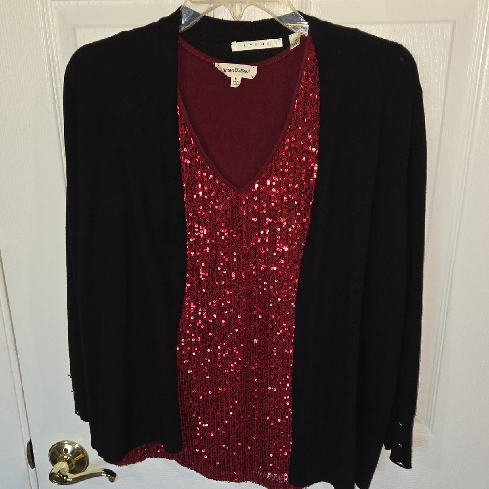 Cyrus Black Cardigan with Red Sequin Detail